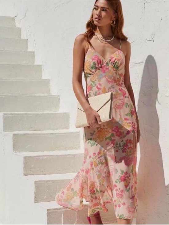 Vici Dresses & Skirts - Floral Pink Slip Midi Dress with Spaghetti Straps
